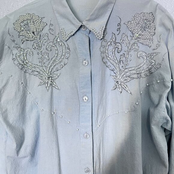 Elite Casuals Tops - Vtg Elite M Womens Western Shirt Light Blue Pearl & Bead Floral Design Button Up